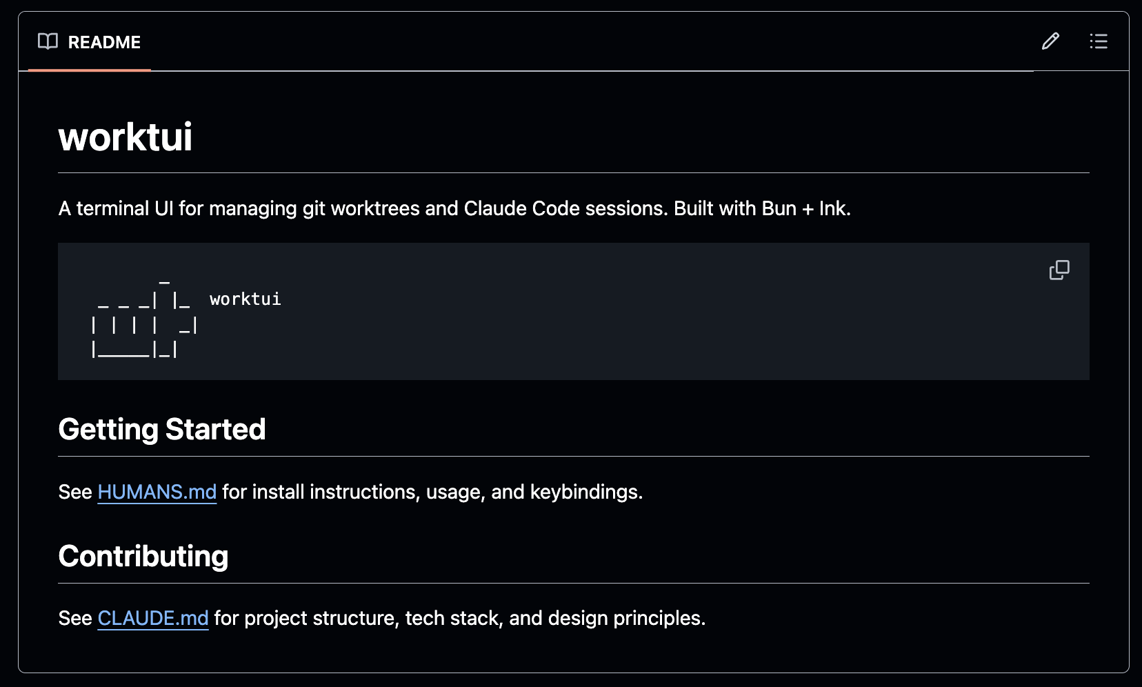 worktui README showing HUMANS.md convention